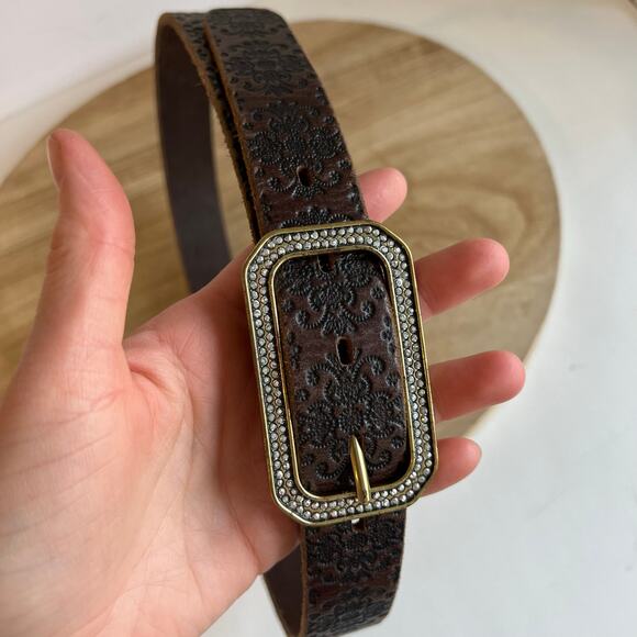 Brown Genuine Italian Leather Embossed USA Brass Sparkle Buckle Belt Size S/M main image 13